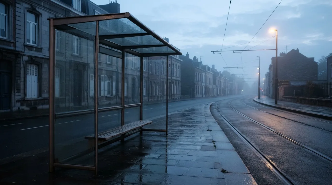 Pusta wiata przystanku tramwajowego na miejskiej ulicy o świcie, pusta ławka i mokry chodnik.