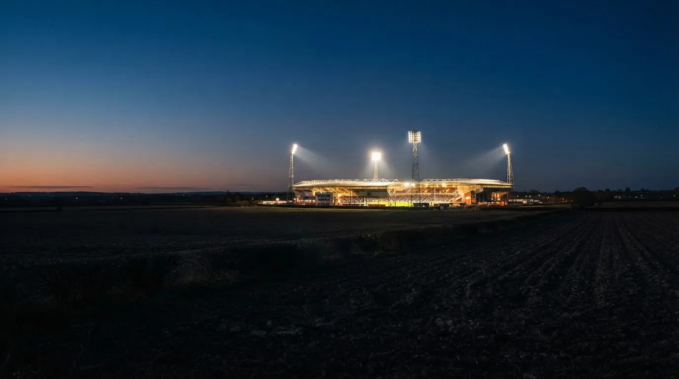 Stadion rozświetlony reflektorami widziany z daleka znad ciemnych pól w pogodny wieczór.