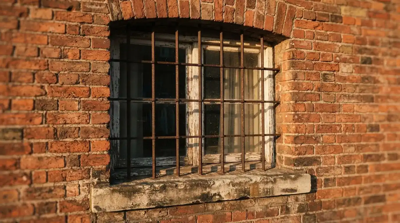 Zakratowane okno starego ceglanego budynku łapiące popołudniowe słońce.