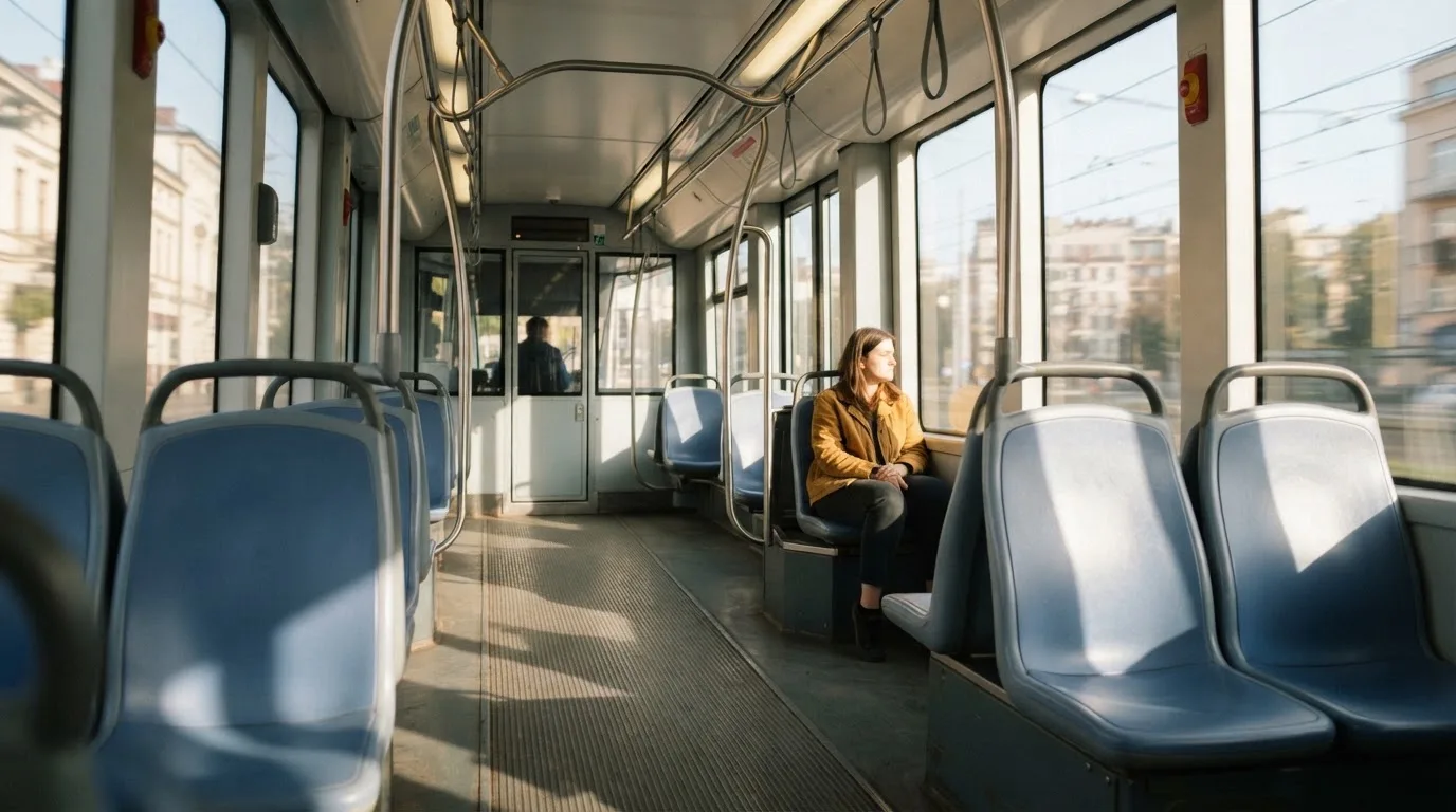 Wnętrze pustego tramwaju z rzędami siedzeń i poręczą w porannym świetle.