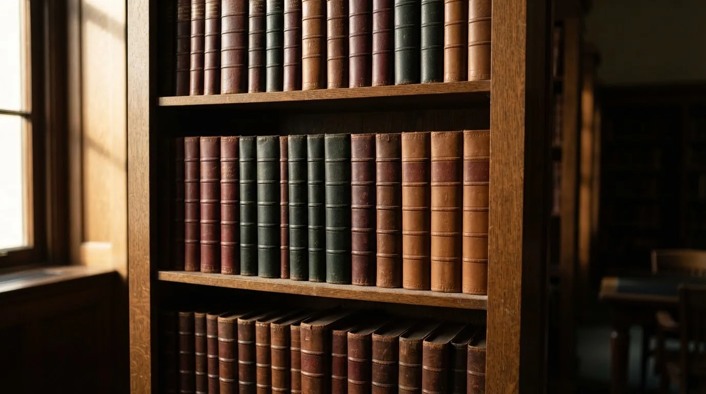Regał z zamkniętymi książkami w skórzanych oprawach w cichej bibliotece, światło pada z boku.