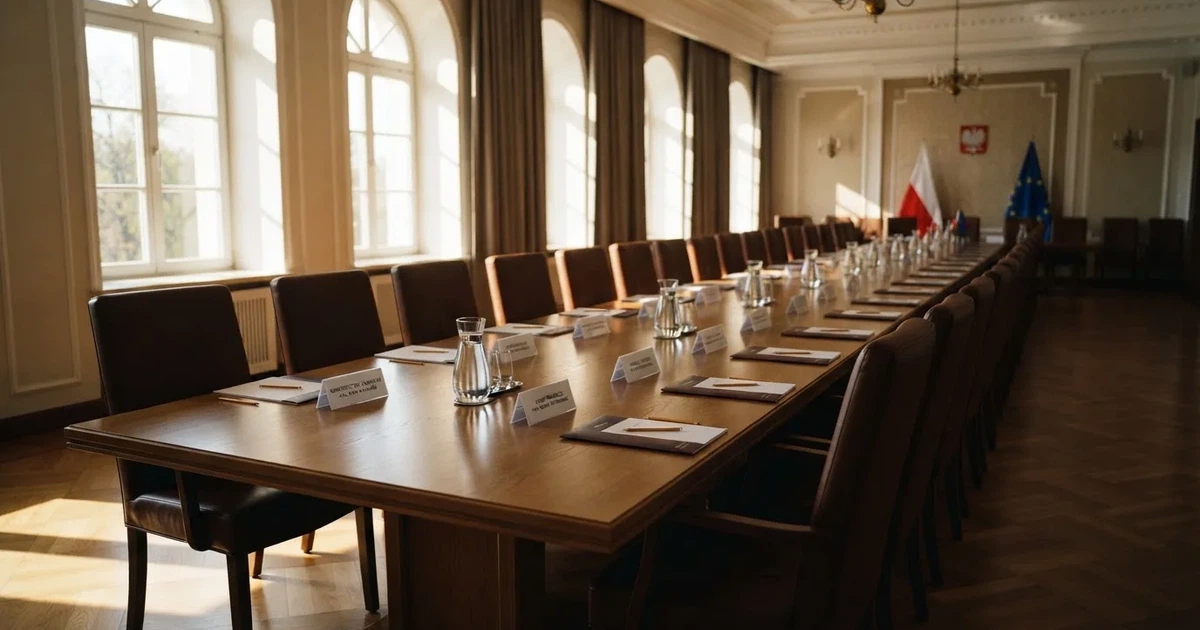 Pusta sala konferencyjna z długim stołem i skórzanymi krzesłami, światło wpada przez wysokie okna.