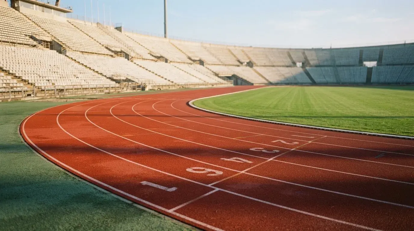 Bieżnia lekkoatletyczna wygięta w łuk pustego stadionu w porannym słońcu.