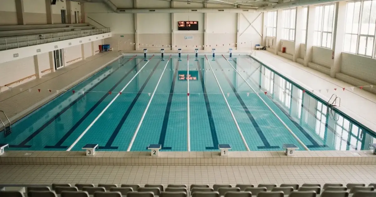 Pusty basen olimpijski z równymi torami i spokojną taflą wody, widok z trybun w jasnym świetle.