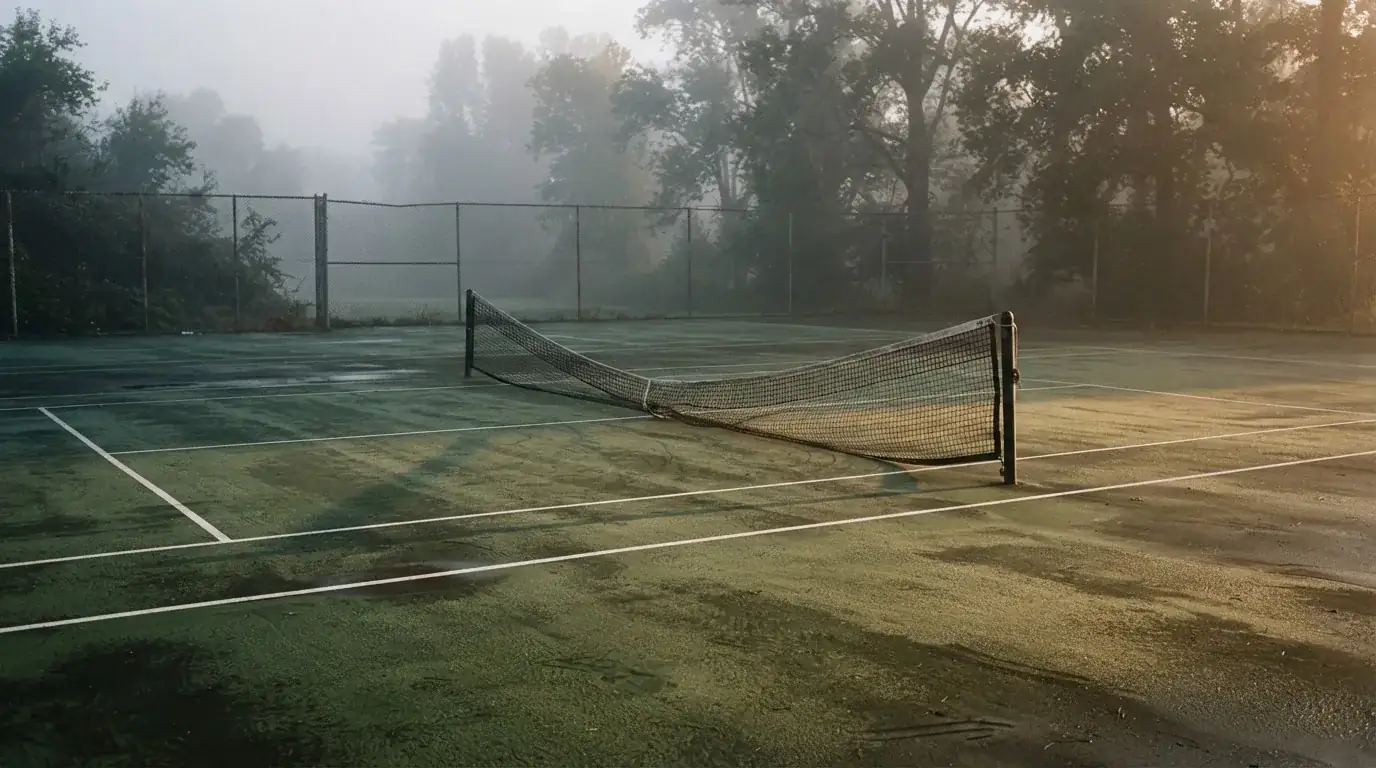 Kort tenisowy o świcie z rosą na linii końcowej i opuszczoną siatką, w tle mgła.
