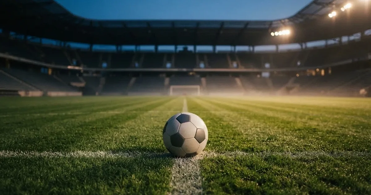 Piłka nożna leżąca na środku murawy w pustym stadionie przed meczem, rzędy siedzisk w półmroku.