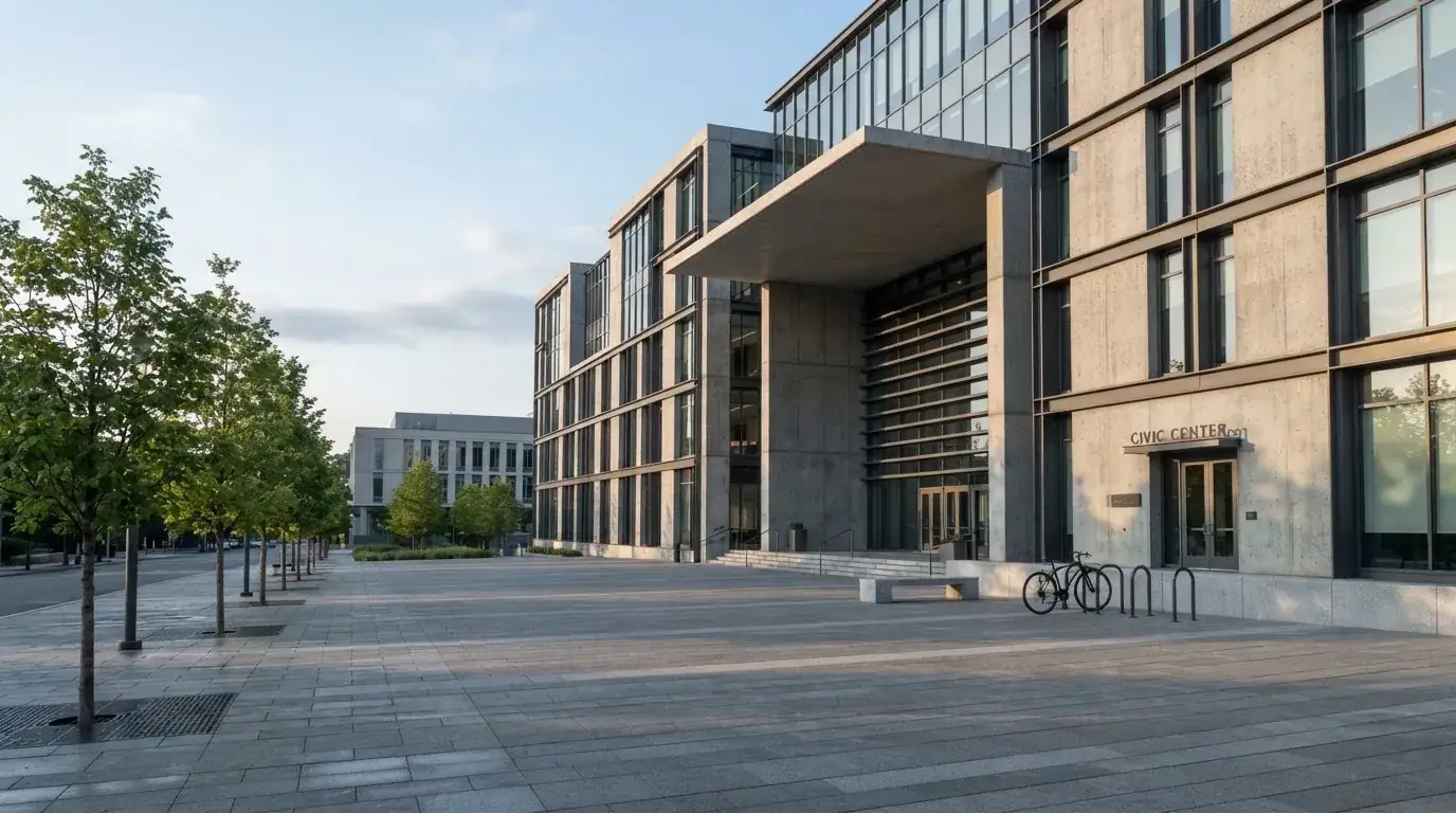 Nowoczesny budynek z szarego betonu i szkła o poranku, szeroki plac przed wejściem, żadnych przechodniów.