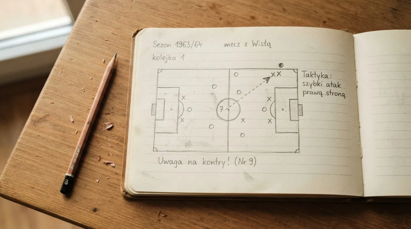 Notes z odręcznym szkicem boiska i strzałkami leżący obok ołówka na drewnianym stole.
