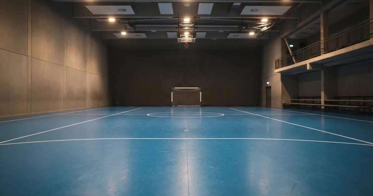 Hala z niebieskim parkietem i niewielkimi bramkami po obu stronach, pusta, światło padające z sufitu.