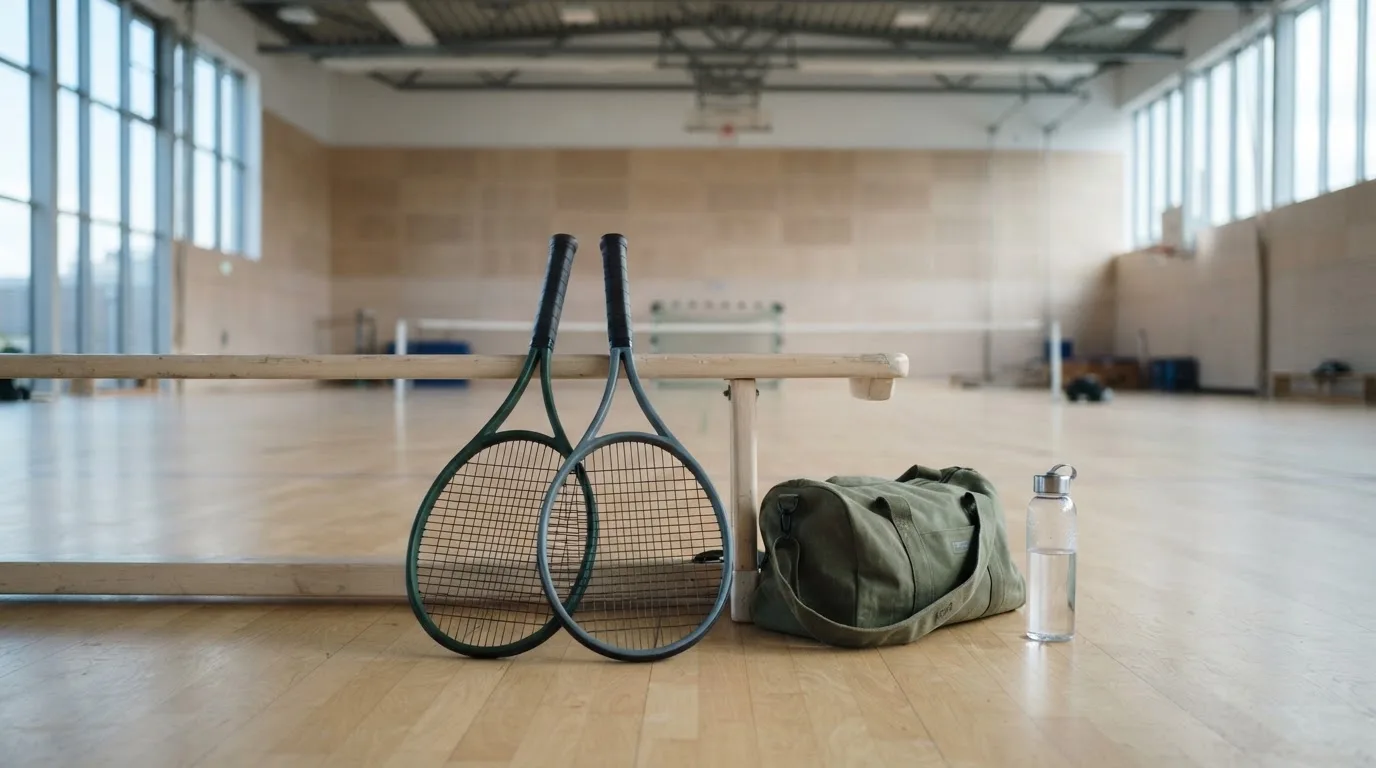 Dwie rakiety tenisowe oparte o ławkę obok sportowej torby i butelki wody w pustej hali treningowej.